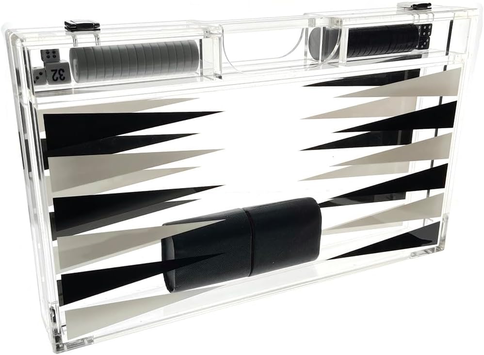 Modern Acrylic Backgammon Set - Clear Lucite Board Game - Premium Dice Cups & Accessories - Luxury Portable