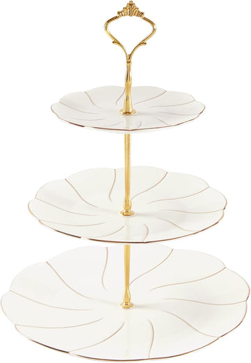 Luxury Larger 3-Tier Cupcake Stand Tower, British Style Porcelain Serving Tray with Golden Trim, Food Grade Dessert - Set of 3