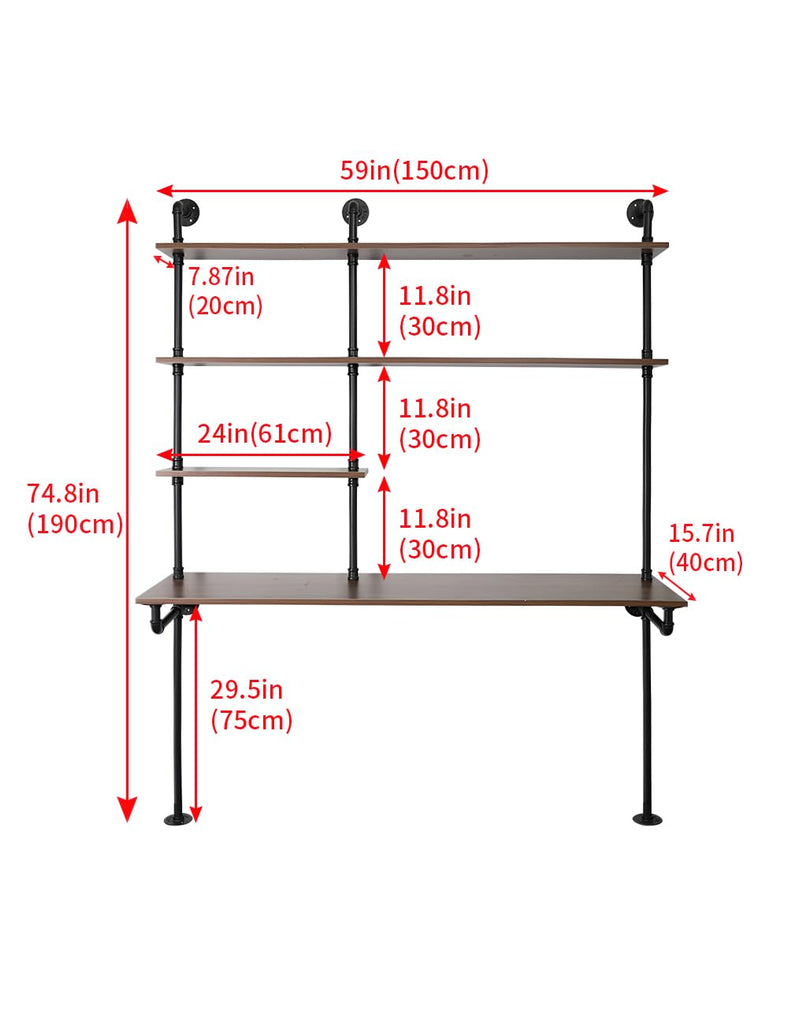 Industrial Pipe Desk Wall Mounted With Shelves, Computer Desk With Bookshelf