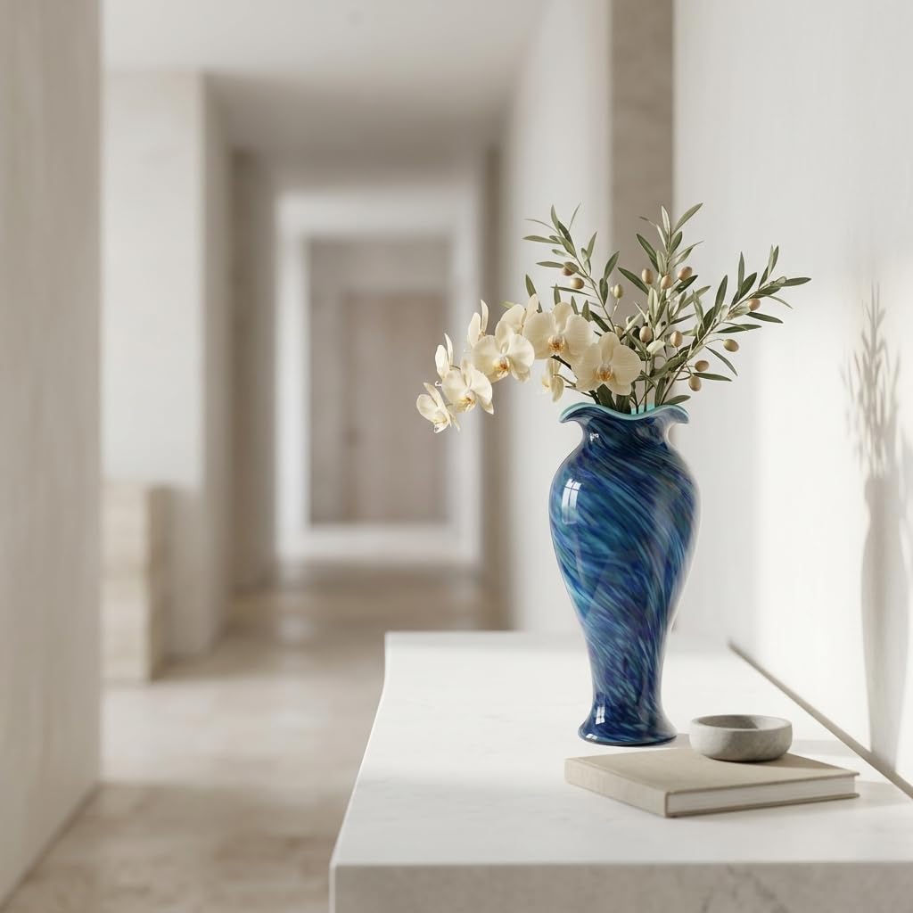 Hand Blown Glass Vase, Large Blue Glass Vase, Modern Glass Art Decor for the Living Room Coffee Table, Dining Table