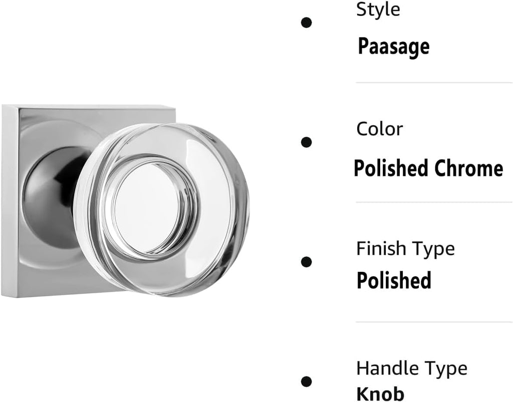 Crystal Glass Door Knobs Interior, Heavy Duty Square Passage Door Knob for Hall/Closet, Polished Chrome Finish