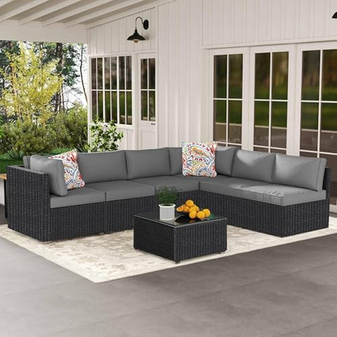 7-Piece Rattan Outdoor Patio Furniture Set - Conversation | Black All-Weather Resistant for Backyard, Garden & Porch
