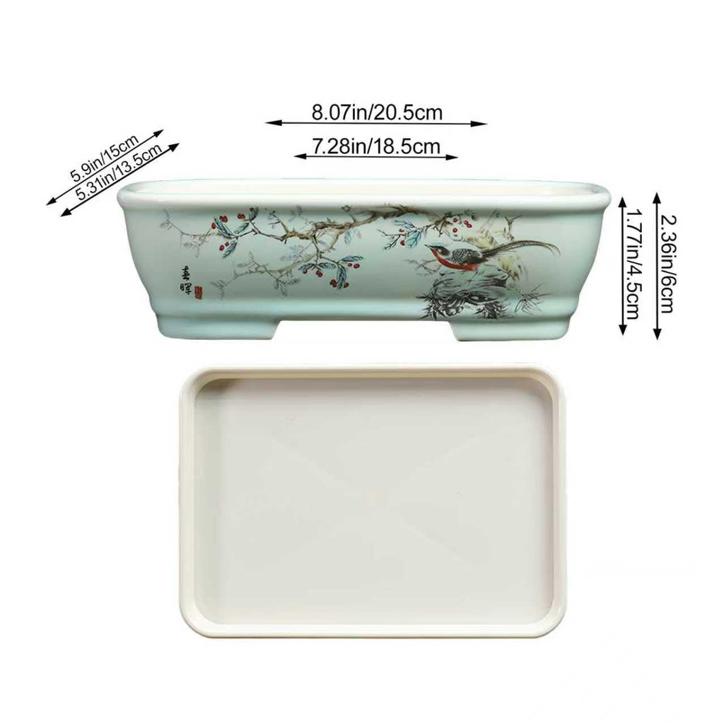 8" Bonsai Pots with Tray, Rectangular Planter in Blue & White