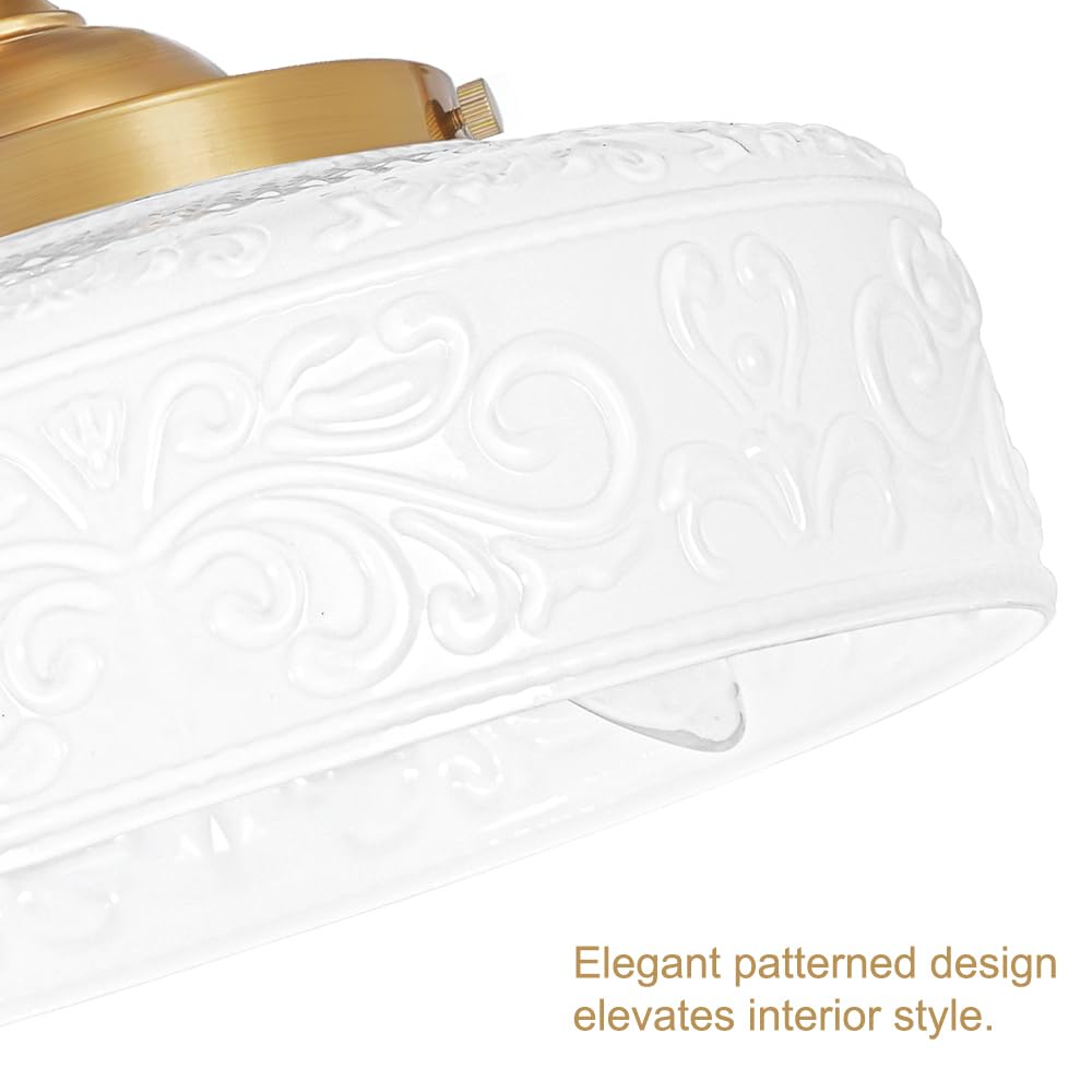 Gold Semi Flush Mount Ceiling Light with Hand-Carved Design - 12 Inch Vintage White Glass Shade with Etched Patterns