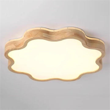 Nordic Cloud Shaped LED Flush Mount Ceiling Light Fixture, Natural Wood Frame with Acrylic Shade, Dimmable Tri Color