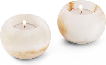 Marble Tea Light & Votive Candle Holders 4 Inch, Cream Onyx | Set of 2, handmade. Fits standard tealights. Dining