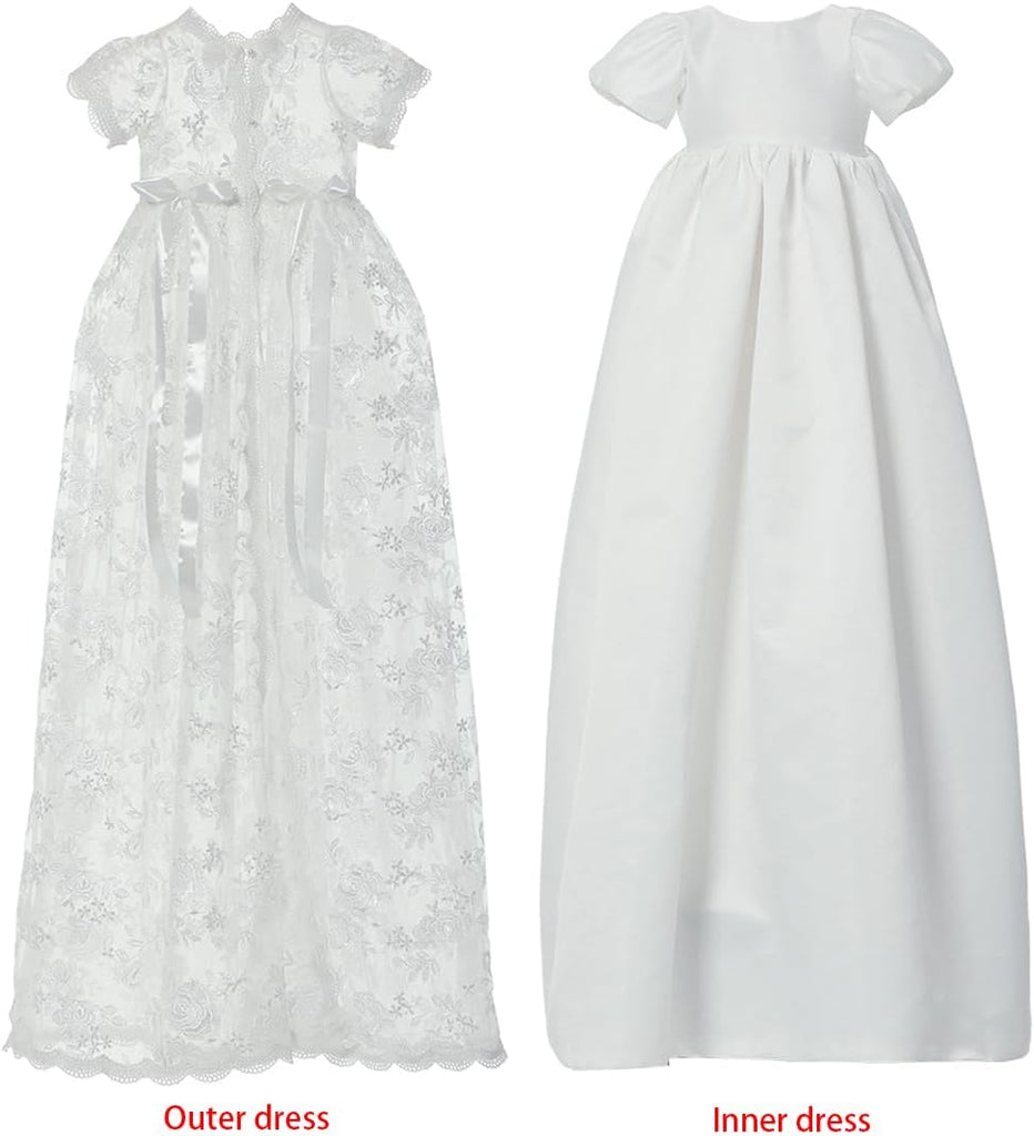 Baby Long Christening Gowns 3pcs White Lace Baptism Dress Suit with Bonnet