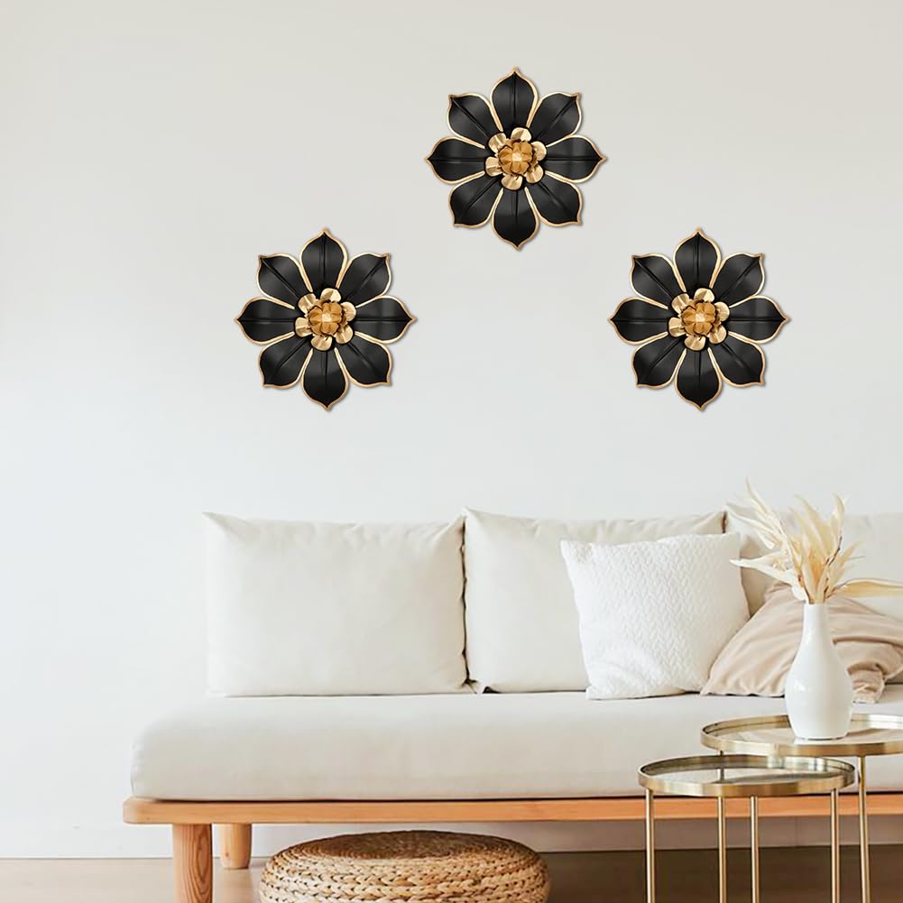 Set of 3 Black and Gold Metal Flowers Wall Art Decor 10"