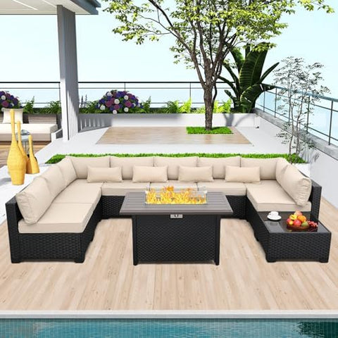 10-Piece Wicker Outdoor Patio Furniture Set | Khaki All-Weather Resistant for Patio, Garden & Porch