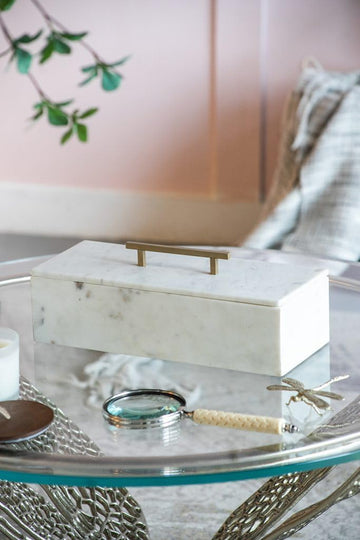 White Marble Rectangular Storage Box with Brass Handle, Contemporary Accent Box, Removable Lid, 14.5' x 7'