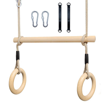 Wood Trapeze Swing Bar with Gymnastic Rings, Warrior Accessories for Obstacle Course Monkey Bars for Indoor Outdoor