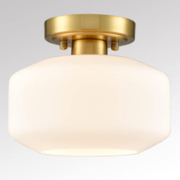 Modern Farmhouse Brass Semi Flush Ceiling Light, Opal Milk Glass