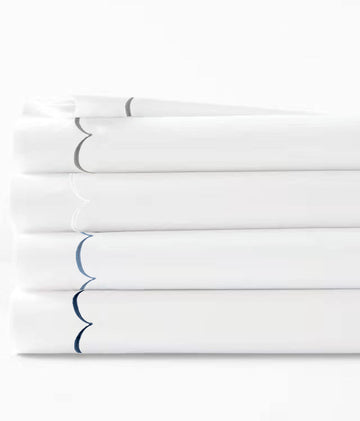 600 Thread Count Sateen Cotton Scallop Embroidered Sheet Set Navy King, Navy on White