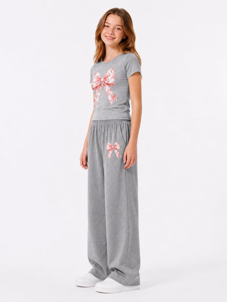 Teen Girl Clothes Bow Graphic Short Sleeve T-Shirt Top+Wide Leg Pants 2 Piece Outfit Set