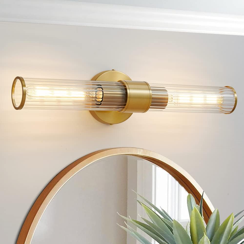 Hardwired Bathroom Light Fixtures, Gold Wall Sconce in Threaded Glass Indoor Wall Sconces, Modern Bathroom Vanity