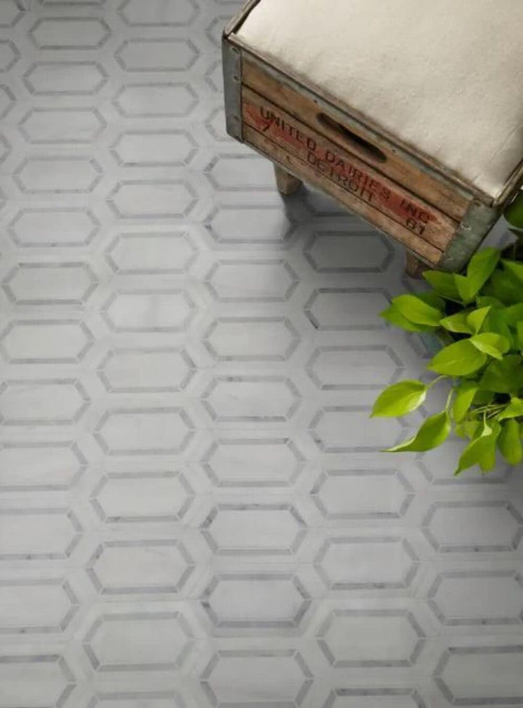 Corinto Bianco Dolomite with Grey Hexagon Picket Pattern Marble Mosaic Floor and Wall Tile Backsplashes, Fireplace