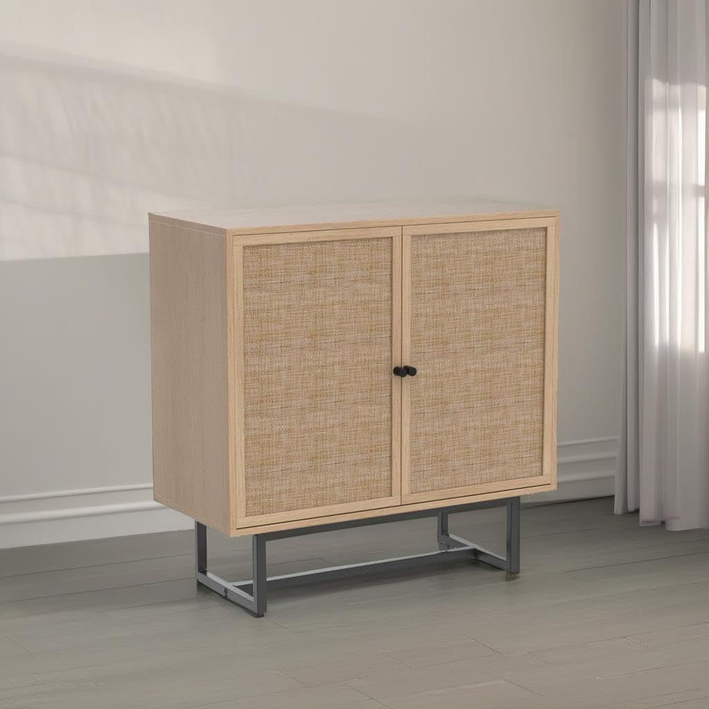 Kova Accent Sideboard Storage Cabinet in Light Wood and Rattan with Metal Frame, Adjustable Shelves and Cane Doors