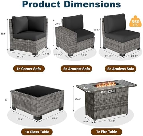 7-Piece Wicker Outdoor Patio Furniture Set - Fire Pit | Black for Backyard, Garden & Porch