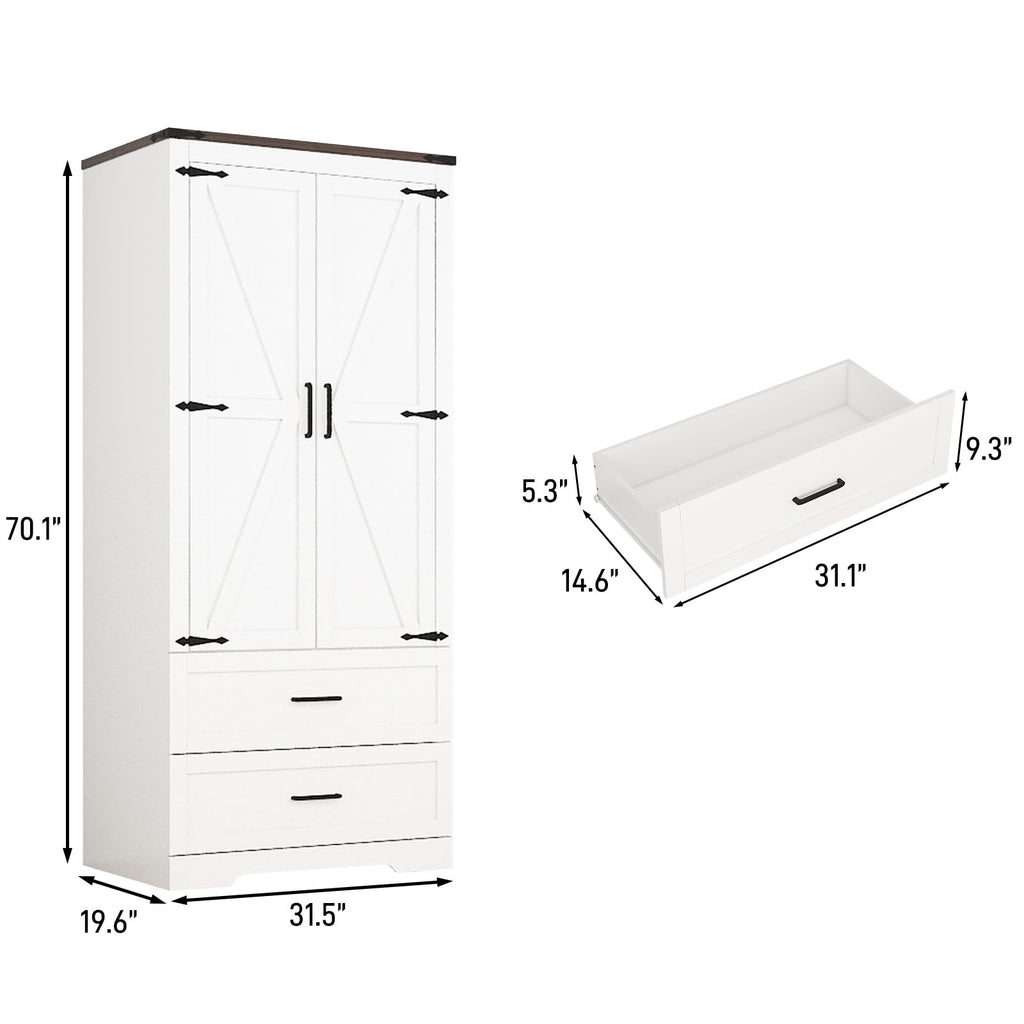 2 Doors Wardrobe Armoire Closet with Doors and Drawers, Farmhouse Wooden Armoire Storage Cabinet with Shelves &