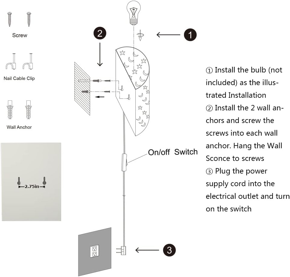 Plug In Wall Sconce Stars and Moons Kids Wall Lamp, Nursery Baby Room Wall Light with 6FT Plug in Cord On/Off Switch