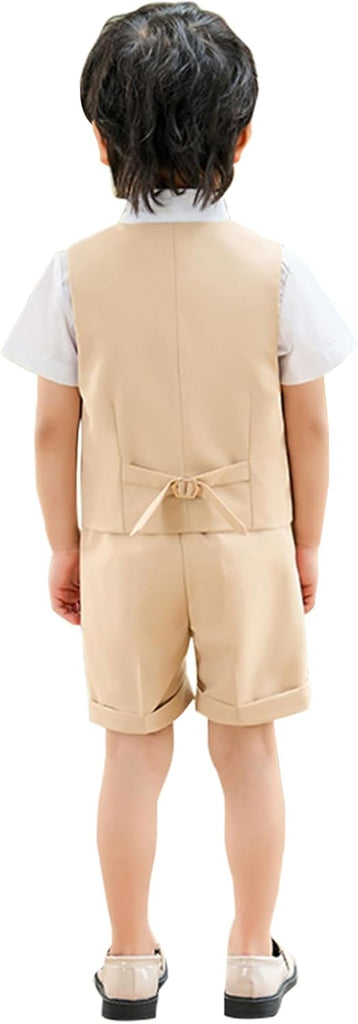 4Pcs Boys Suit, Kids Summer Dress Clothes Shirt Vest Shorts Bow Tie