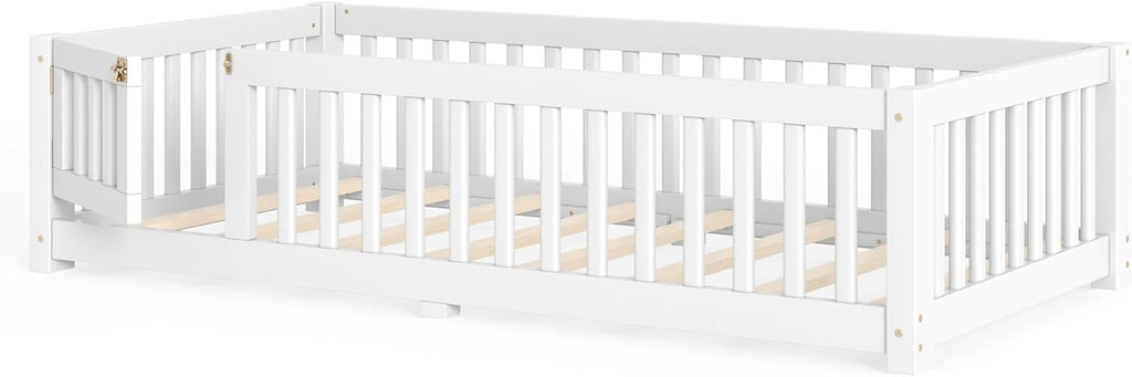 Twin Size Floor Bed Frame with Fence and Door for Kids, Montessori Floor Bed with Slats and Safety Guardrails,Solid