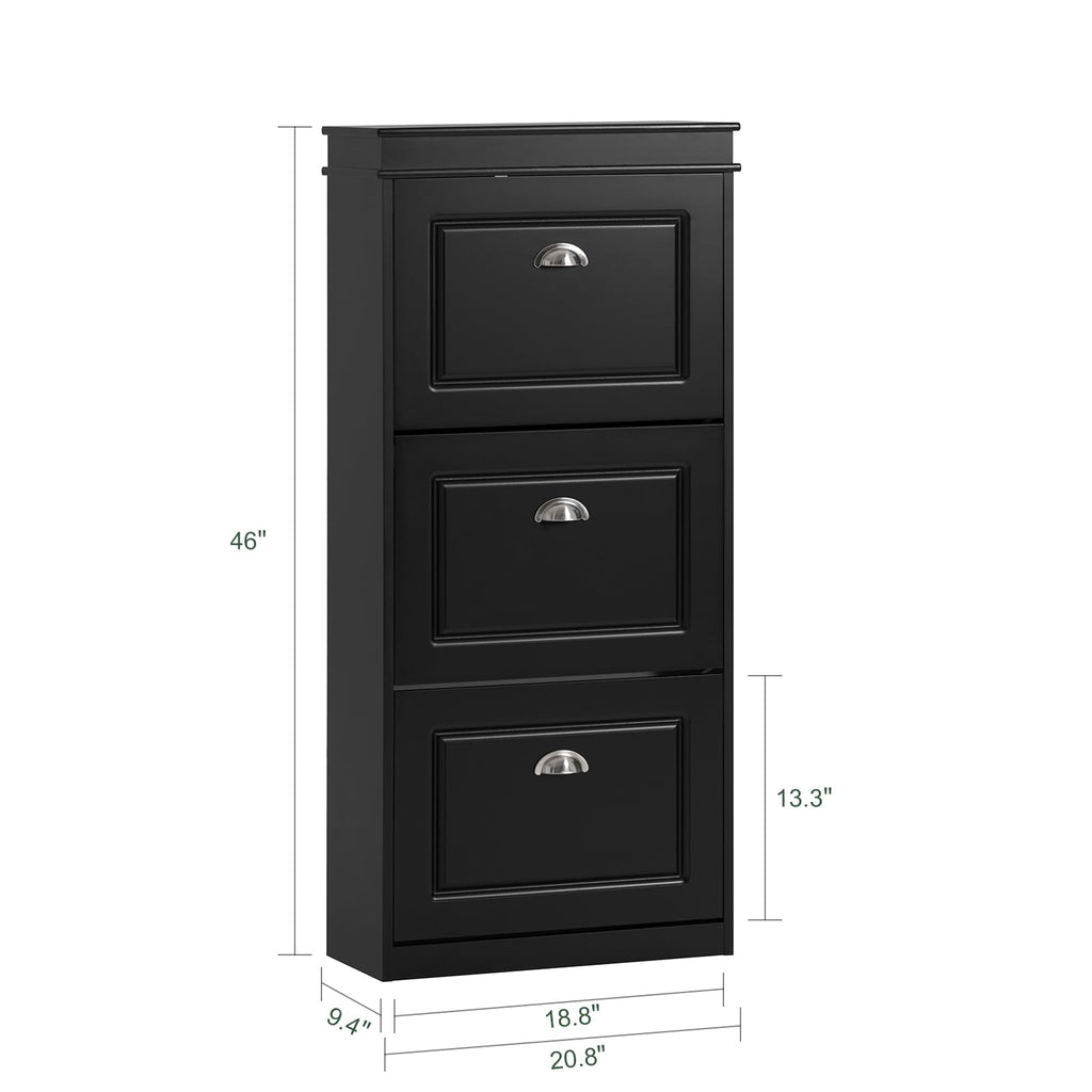 Black Shoe Cabinet with 3 Flip Drawers, Narrow Freestanding Shoe Rack Entryway, Hidden Slim Shoe Rack with Drawer