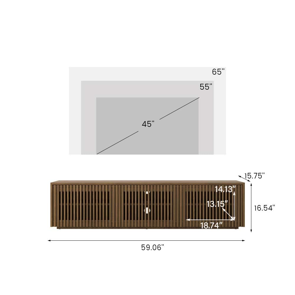 Full Assembled Mid Century Modern TV Stand, 59.06" Wood Slatted Media Console for 55 inch TV, Entertainment Center
