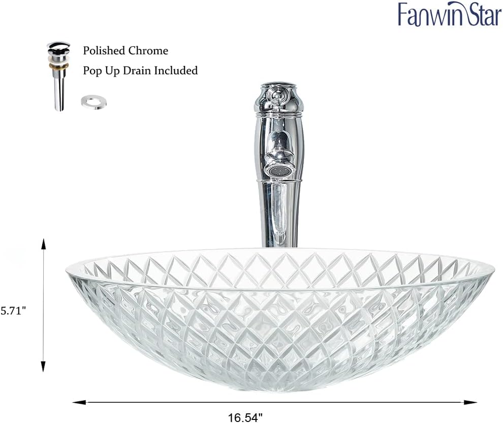 Tempered Deco Glass Luxuryhome Bathroom Sink in Crystal engraving Elegant | Top Mount Basin | Vanity Countertop Sink