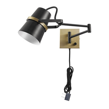 Plug-in or Hardwire Swing Arm Wall Sconce, Matte Black, Brass Accents, 6ft Woven Fabric Cord, Flat Plug