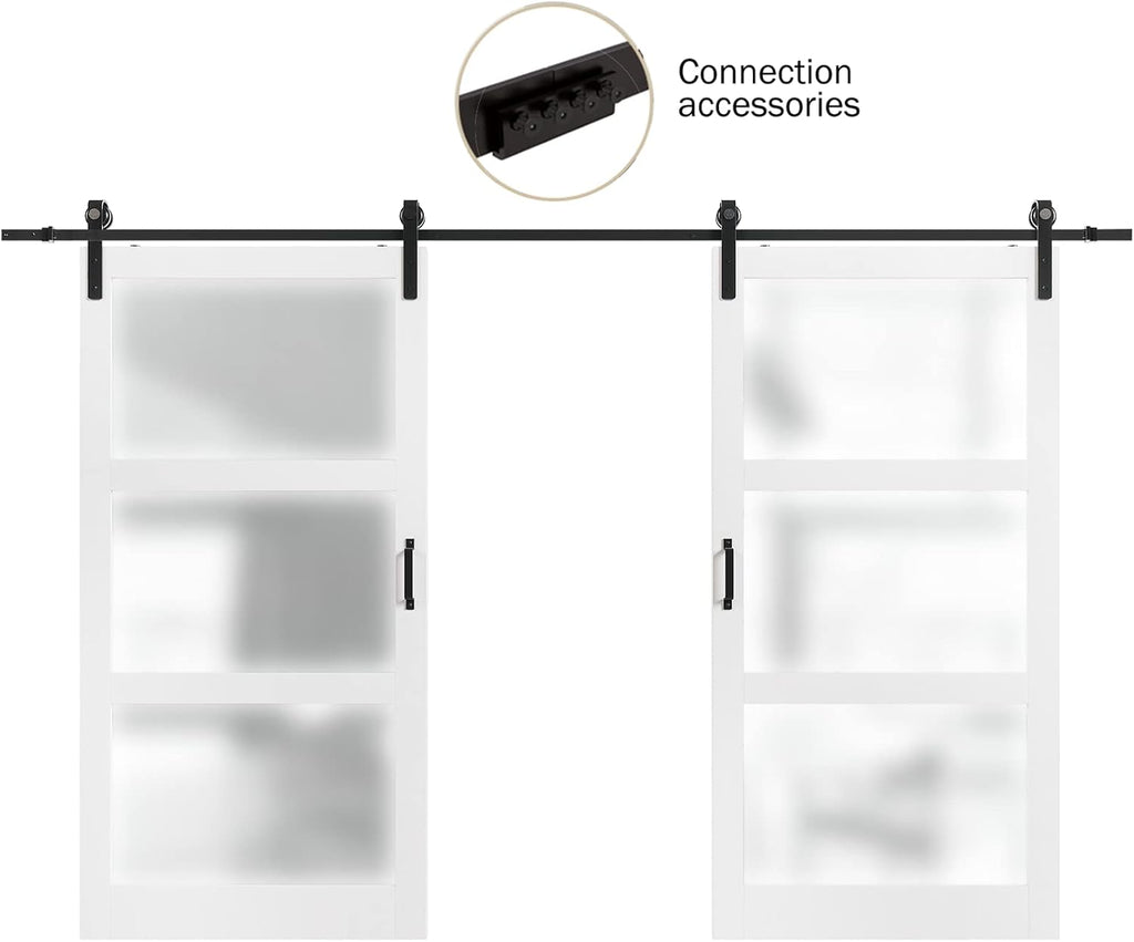 Double Sliding Barn Door,84in(Double 42”×84in Frosted 3 Panel Glass Barn Door,Water-Proof PVC Surfac