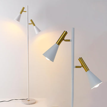 Elegant Modern Floor Lamp with 2 Adjustable Head, White and Gold Stand up Lamps with Marble Base, Tall Pole