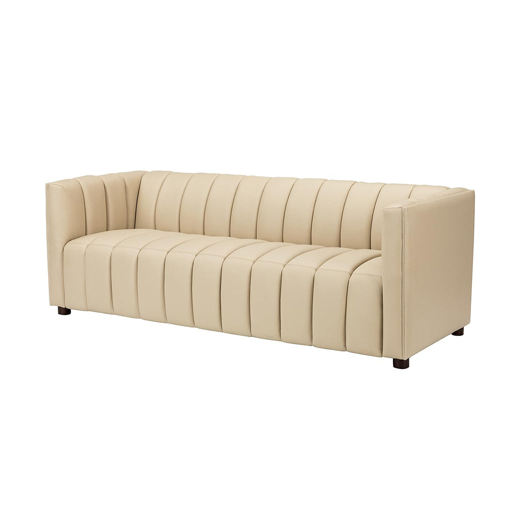 83" Genuine Leather Sofa with Channel Tufted Design, Beige