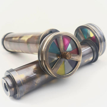 Handcrafted Etched Floral Brass Kaleidoscope - Vintage Lacquered Collectible with Dual Turning Wheels - Antique