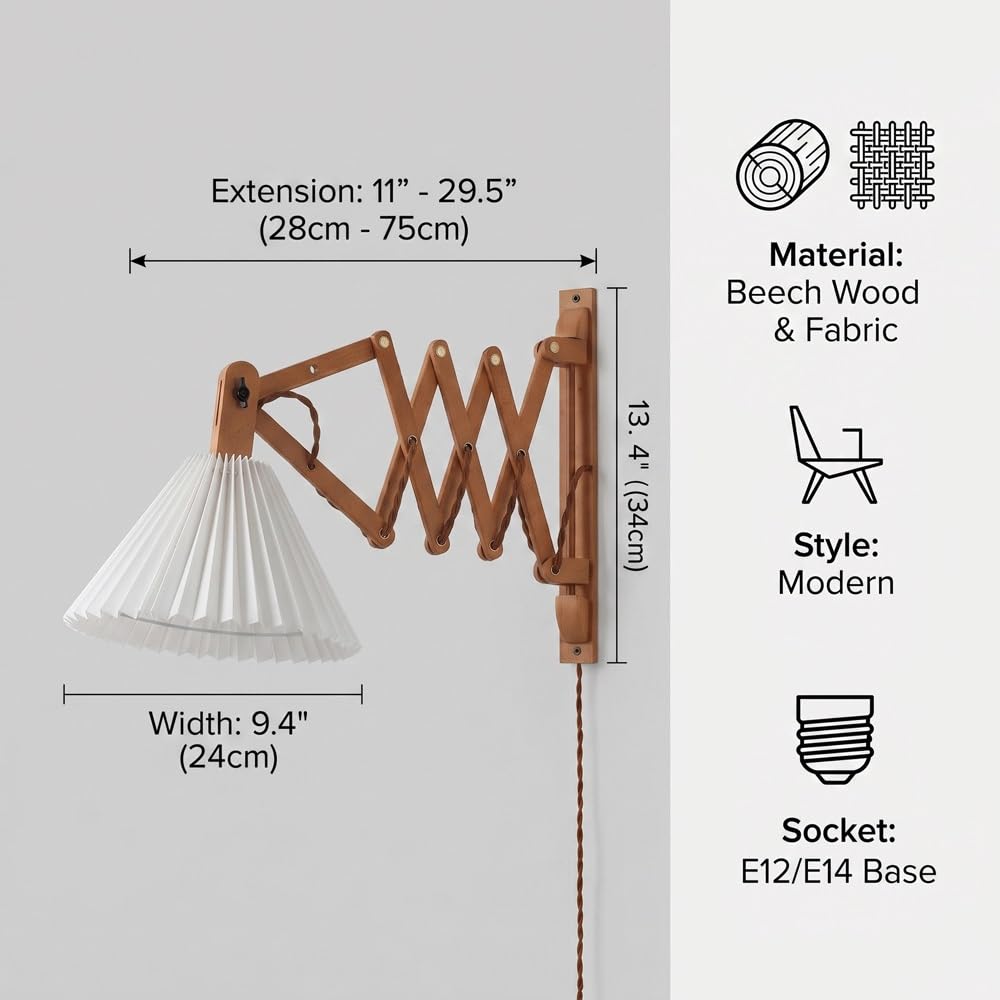 Extendable Wood Wall Sconce with Pleated Shade,Mid-Century Accordion Swing Arm Wall Lamp Reading and Living Room Decor