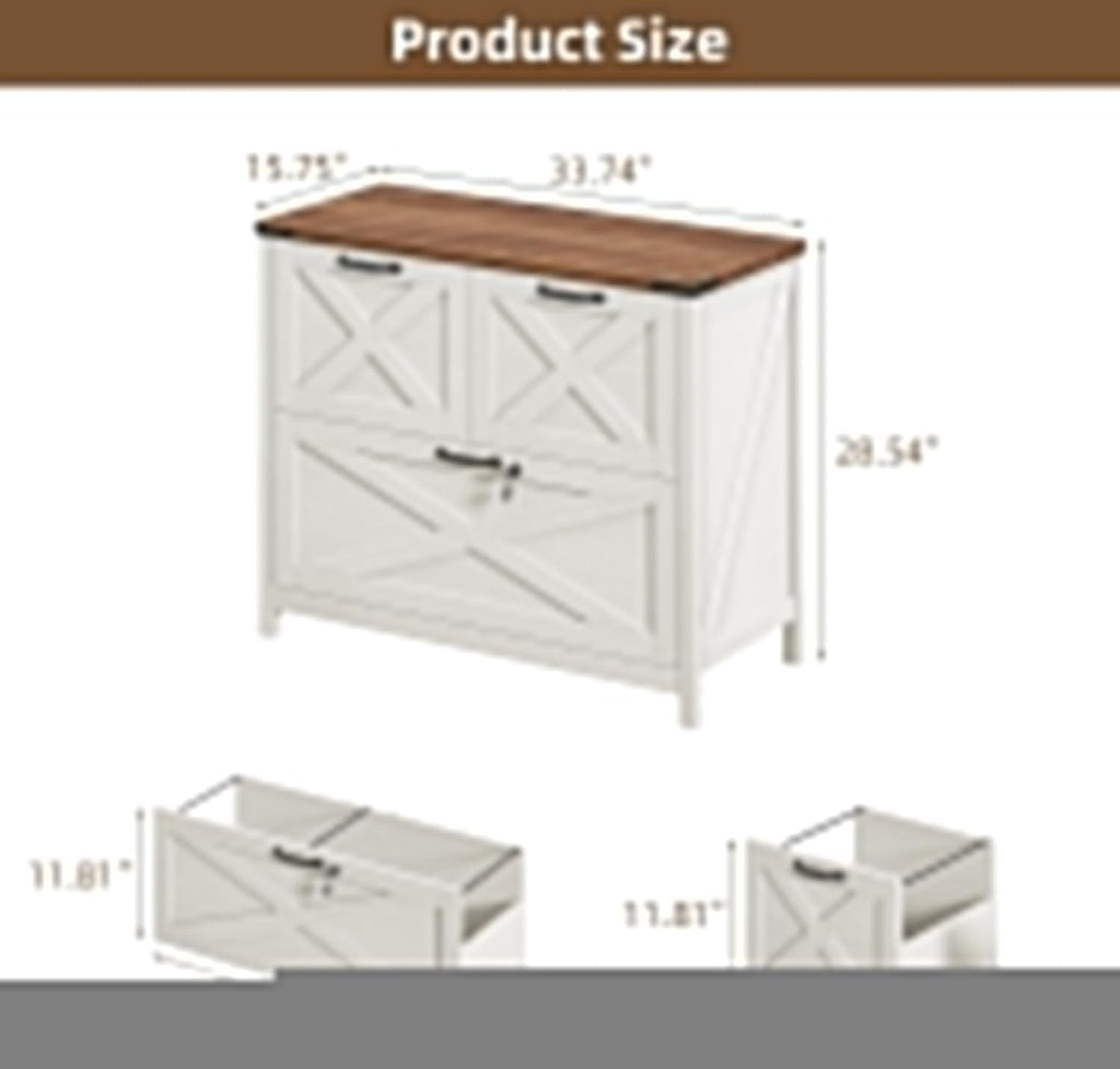 Lateral File Cabinet, Farmhouse Filing Cabinet, Rustic White | 3 Drawer File Cabinet with Lock for Letter/A4/Legal