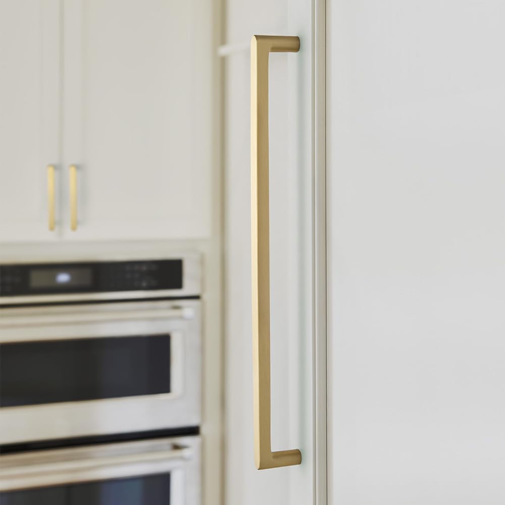 Brushed Brass Cabinet Pulls, 10 Inch (256mm) Hole Centers, 6 Pack Solid Brass Bar Handles, Slim Modern Hardware