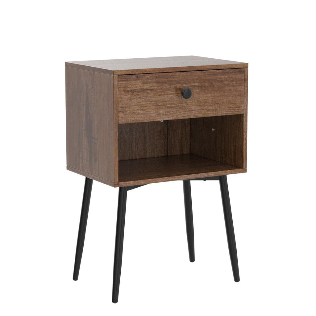 Nightstands Set of 2, Mid Century Modern End Bedside Table, Night Stand with Storage Drawer and 2 Tiers Open Shelf