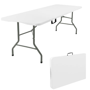 5 Feet Portable Folding Table White, Steel Legs Fold-in-Half with Carrying Handle Rectangular Plastic Foldable Table