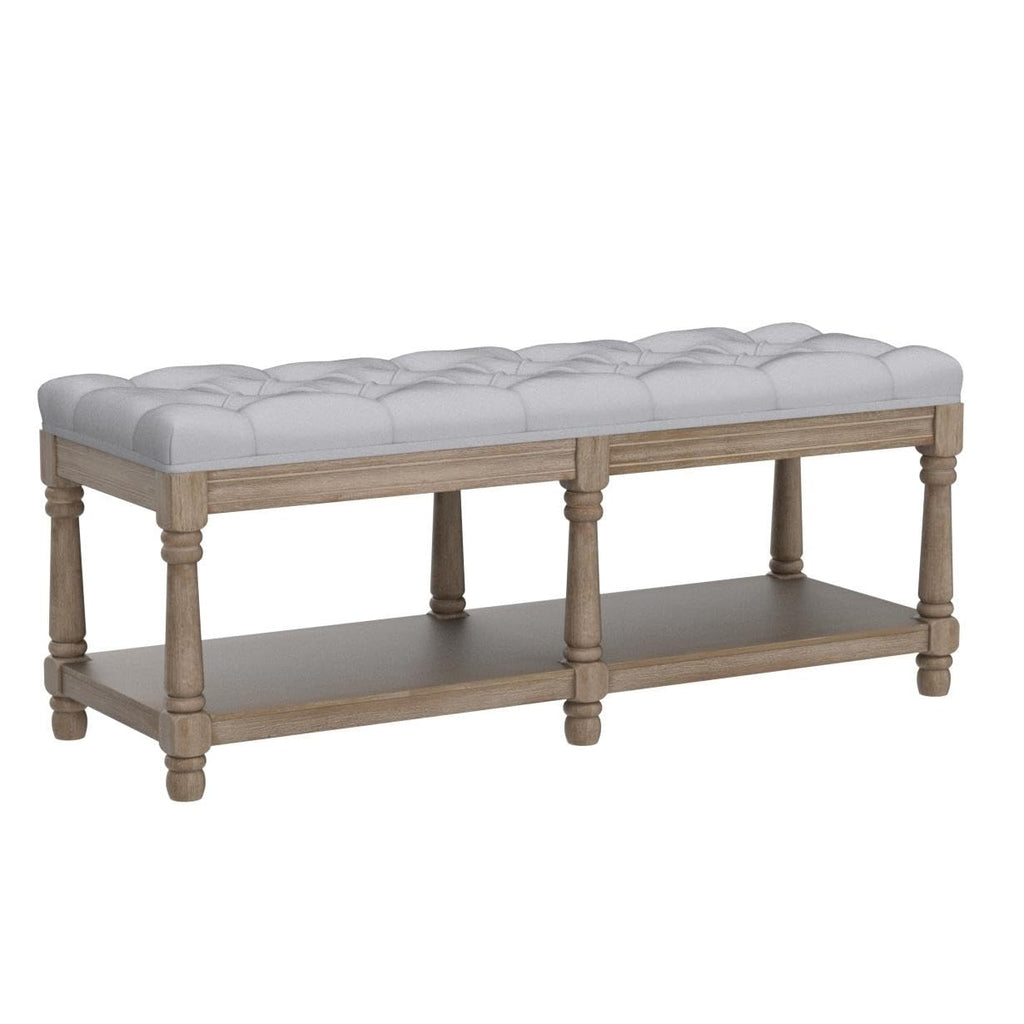 Farmhouse French Storage Bench, Upholstered End of Bed Shoe Bench 45 Inch, Wood Tufted Bedroom Bench, Dining
