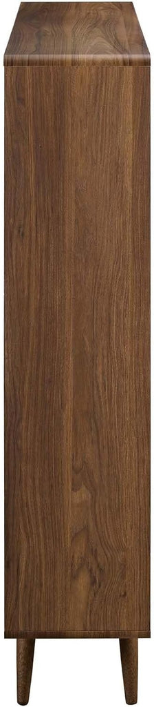 Mid-Century 7 Cubby Bookcase, Walnut Wood Grain Laminate, Particleboard, 52.5" H x 45" W x 11.5" D, Open Storage with