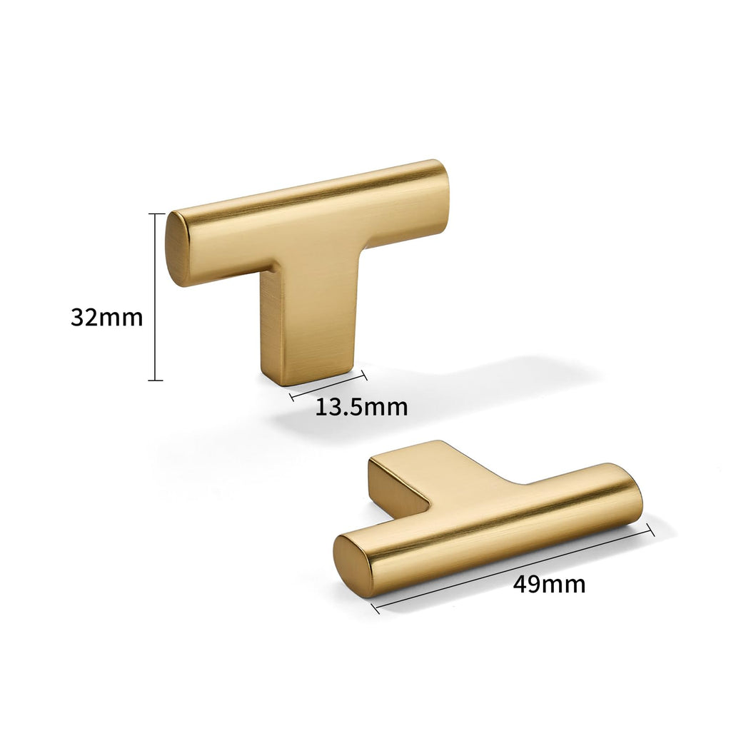 Knob 10-Pack Brushed Brass Heavy Duty Soild 2inch Cabinet knobs T-Knob Kitchen Drawer Hardware Drawer Cabinet Door