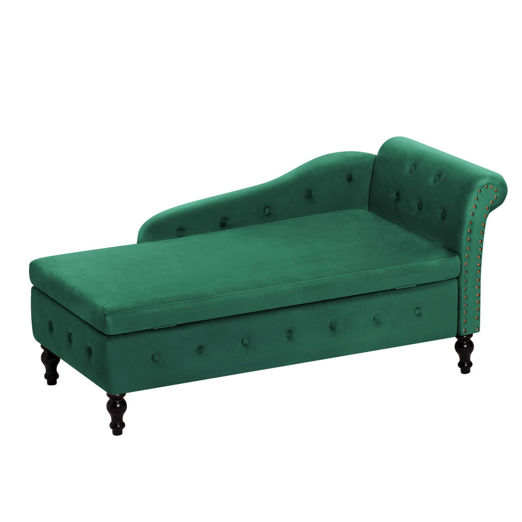 Velvet Chaise Lounge w/Right Armrest & Storage Space, Green