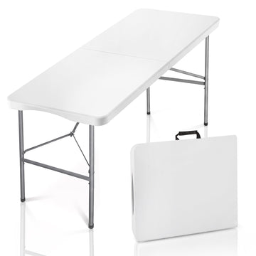 4FT Portable Folding Table, White Square Card Table with Carrying Handle & No Assembly, Slim Folding Table Built in