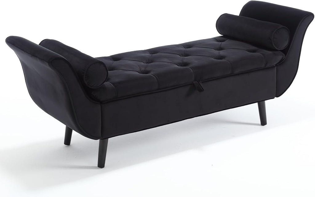 65" Black Velvet Storage Bench End of Bed Couch, King Size Tufted Upholstered Ottoman Benches with Rolled Arms and