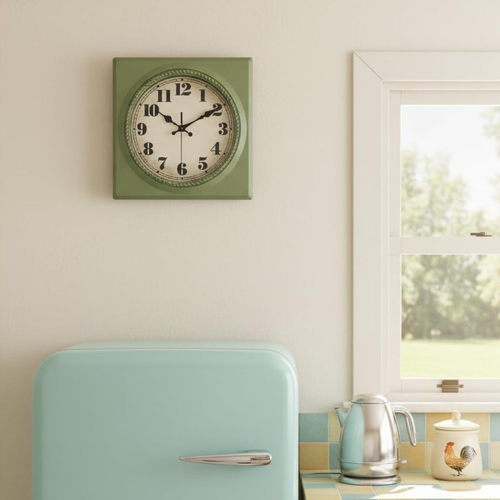 Vintage Wall Clock 1950s Style - Retro 50's Mid Century Square Wall Clocks Battery Operated for Kitchen Living Room