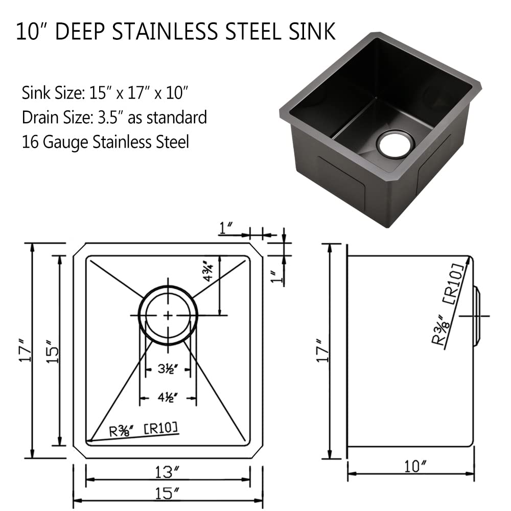 15x17 Inch Black Undermount Stainless Steel Bar Sink