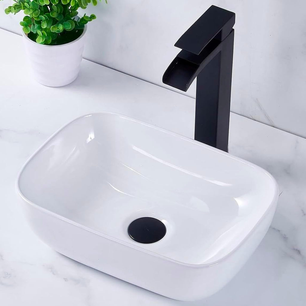 Bathroom Vessel Sink Small, 14" x 10" Above Counter White Porcelain Ceramic RV Bathroom Sink Countertop Vanity Restroom Sinks Bowl, Wash Basin for Bathrooms A131-B0CQ8854CW