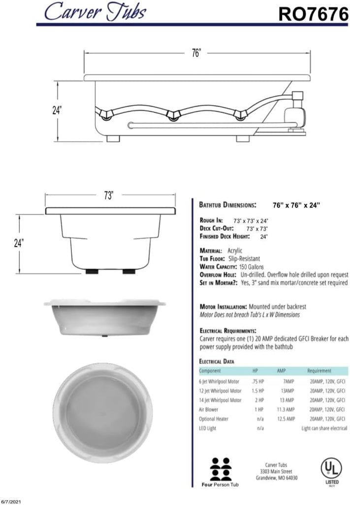 Tubs - RO7676 - Modern White Fiberglass Soaking Bathtub for Bathrooms, White Circle Two Person Acrylic Bath tub