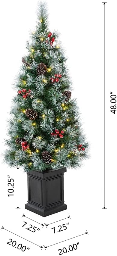 4ft Potted Pre-Lit Artificial Christmas Tree, Small Porch Christmas Tree with 3D Needles, Pinecones and Red Berries